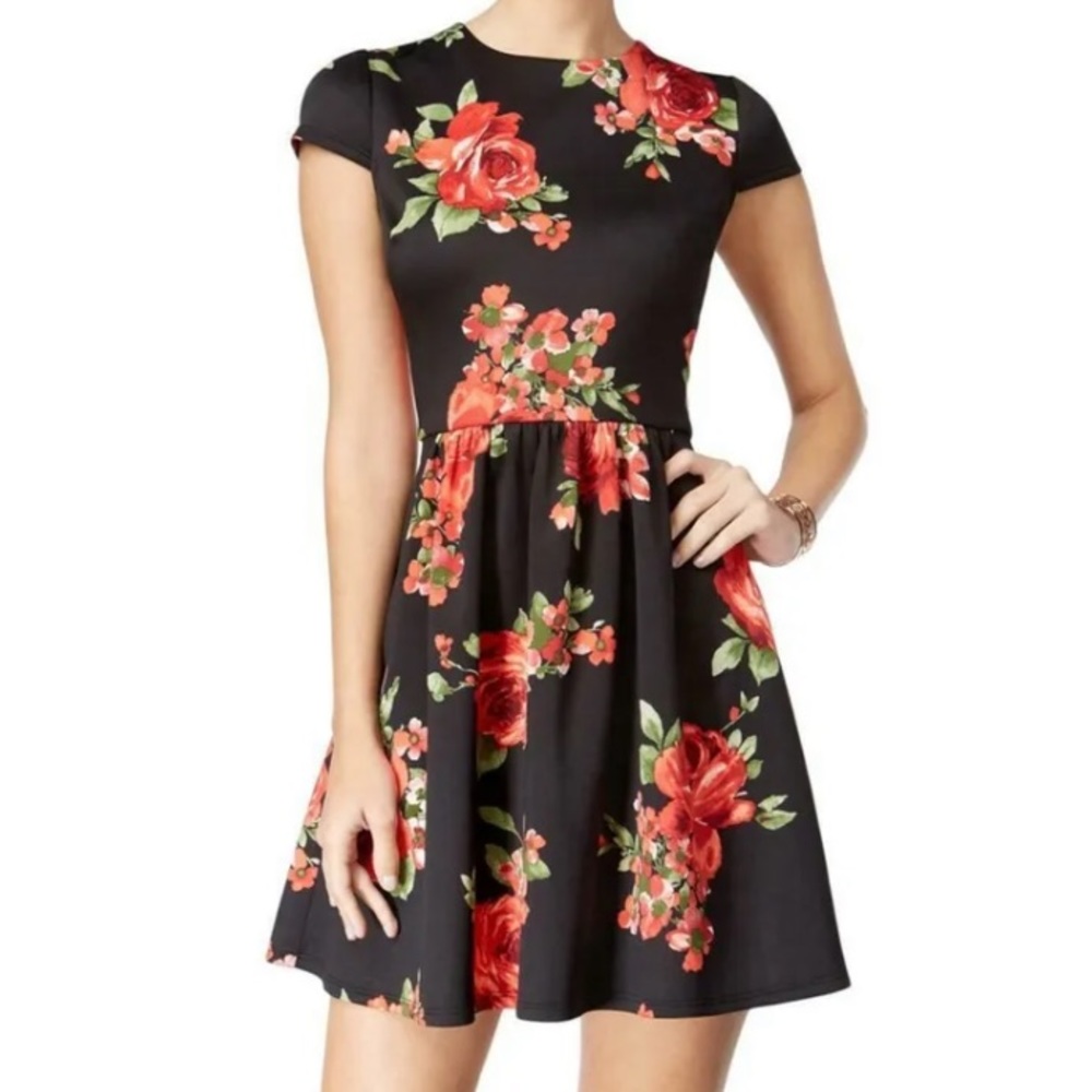 NEW B DARLIN Juniors Black Floral Short Sleeve Shift Dress